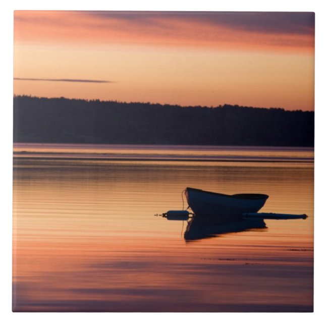 A skiff at sunrise in Eggemoggin Reach in Little Ceramic Tile (Front)