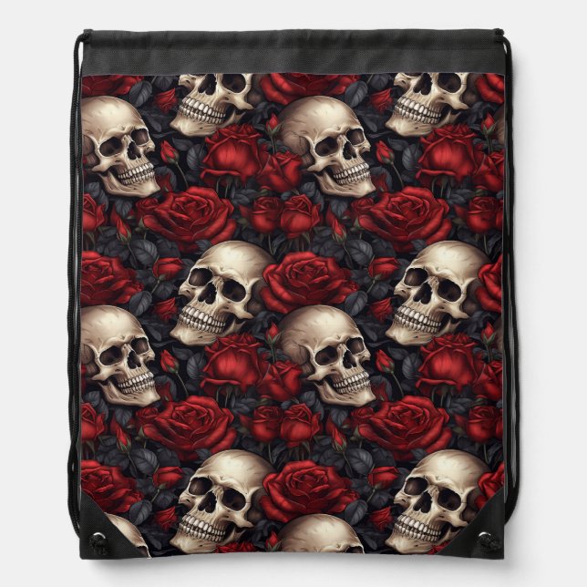 A Skull and Roses Series Design 10 Drawstring Bag (Front)