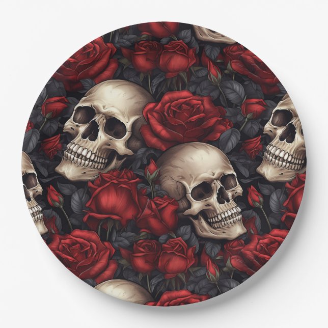 A Skull and Roses Series Design 10 Paper Plates (Front)