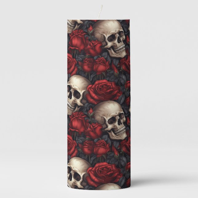A Skull and Roses Series Design 10 Pillar Candle (Front)