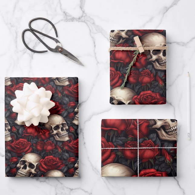 A Skull and Roses Series Design 10 Wrapping Paper Sheets (Front)