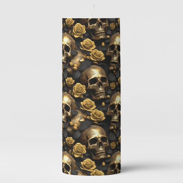 A Skull and Roses Series Design 8 Pillar Candle (Front)