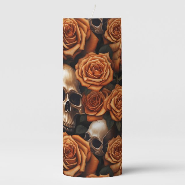 A Skull and Roses Series Design 9 Pillar Candle (Front)
