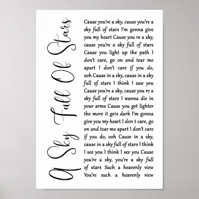 A Sky Full Of Stars White Script Song Lyric Print (Front)
