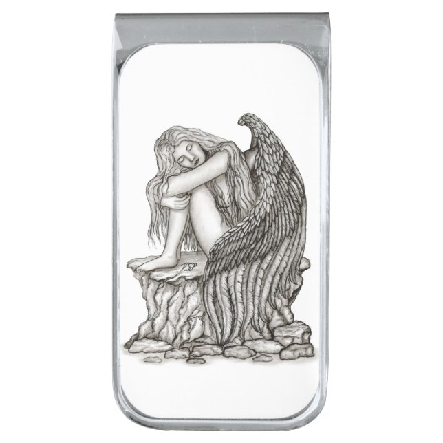 A sleeping Angel on the Stone Silver Finish Money Clip (Front Vertical)