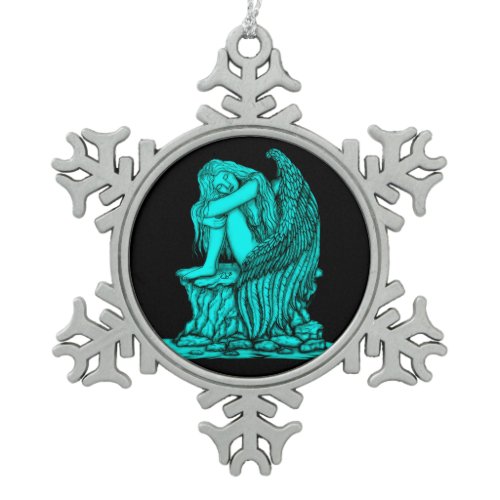 A sleeping Angel on the Stone Snowflake Pewter Christmas Ornament
