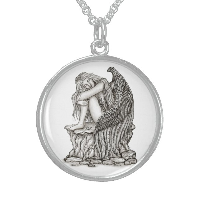 A sleeping Angel on the Stone Sterling Silver Necklace (Front)