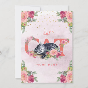 A sleepy cat in the middle of the flowers holiday card