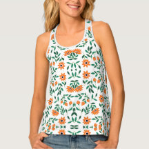 A sleeveless tank top with orange floral and green