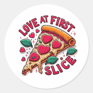 A slice of pizza saying Love At First Slice Classic Round Sticker