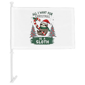 A Sloth For Christmas. Cute, Christmas Sloth With  Car Flag