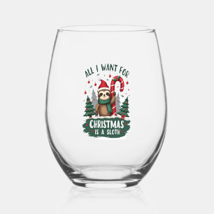 A Sloth For Christmas. Cute, Christmas Sloth With  Stemless Wine Glass