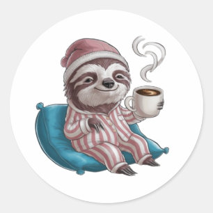 A sloth wearing pajamas and a sleep cap  classic round sticker