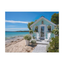 a small beach house in mint color by the sea