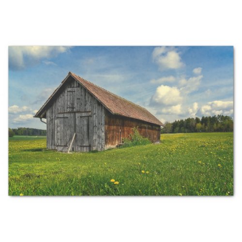 A Small Gray and Brown Barn in a Flower Field Tissue Paper