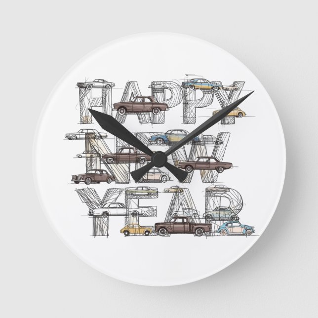 a smart happy new year design for cars lovers  round clock (Front)