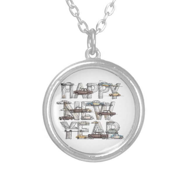 a smart happy new year design for cars lovers  silver plated necklace (Front)