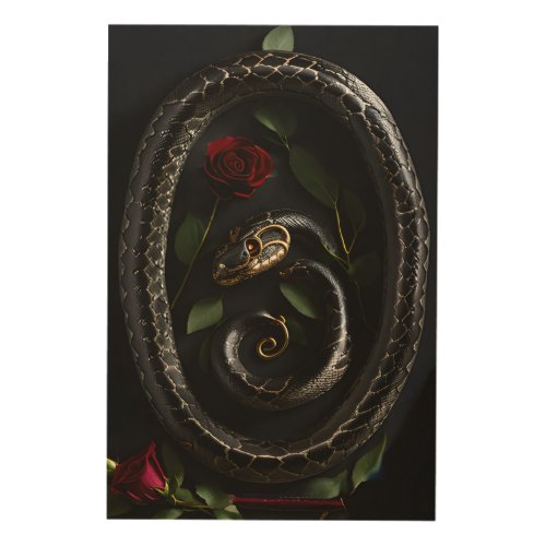 A snake wrapped around a rose wood wall art