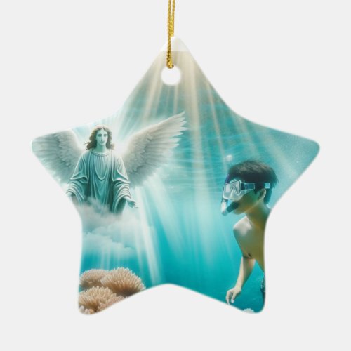 A snorkeler spots an angel in the reef ceramic ornament