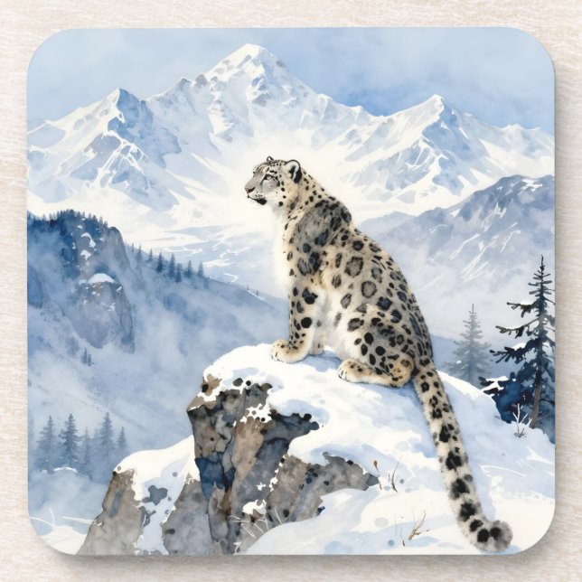 A Snow Leopard on Snowy Peak Beverage Coaster (Front)
