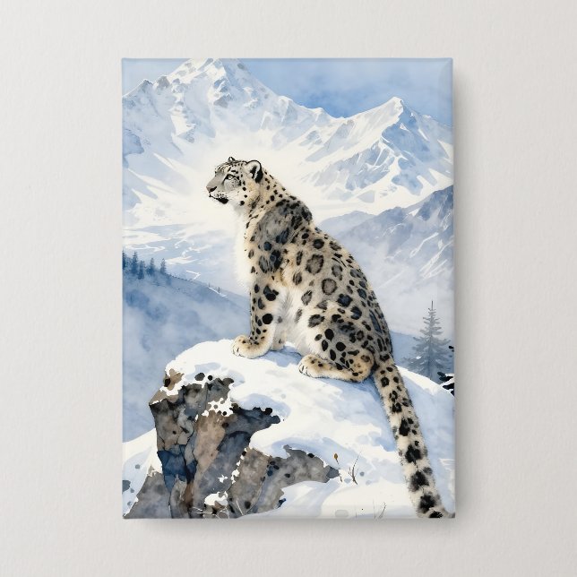 A Snow Leopard on Snowy Peak Button (Front)