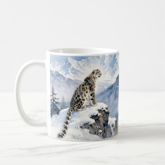 A Snow Leopard on Snowy Peak Coffee Mug (Left)