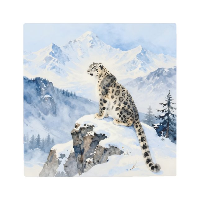 A Snow Leopard on Snowy Peak Metal Print (Front)