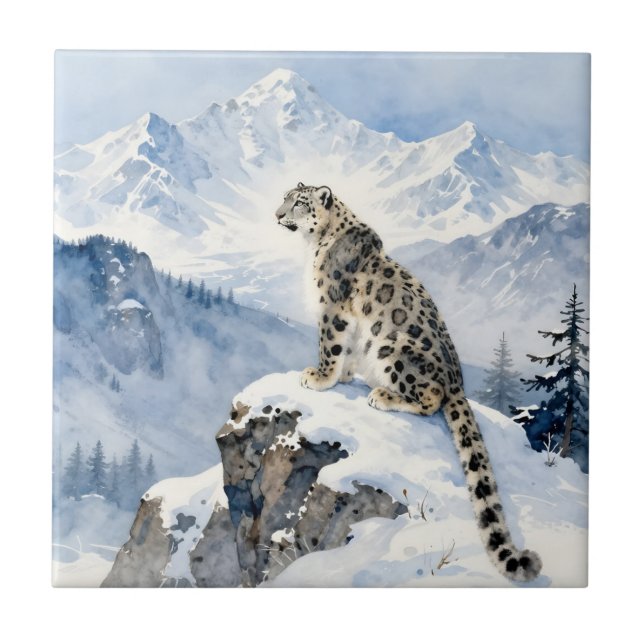 A Snow Leopard on Snowy Peak Personalized Ceramic Tile (Front)