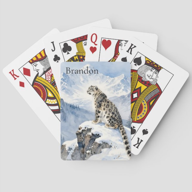 A Snow Leopard on Snowy Peak Personalized Poker Cards (Back)