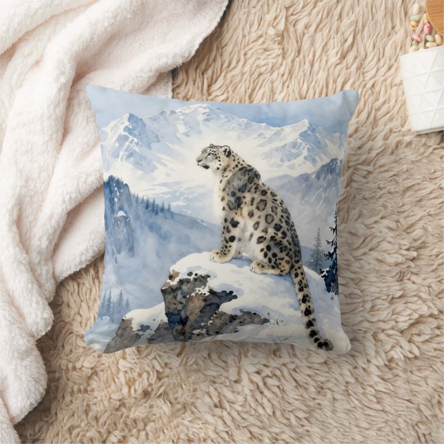 A Snow Leopard on Snowy Peak Throw Pillow (Blanket)