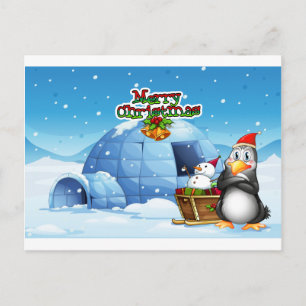 A snowman and a penguin in front of the igloo postcard