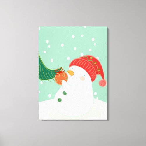 A snowman hanging an ornament on a tree canvas print