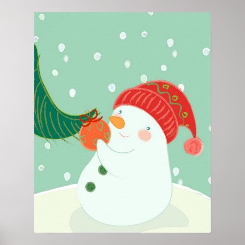 A snowman hanging an ornament on a tree poster