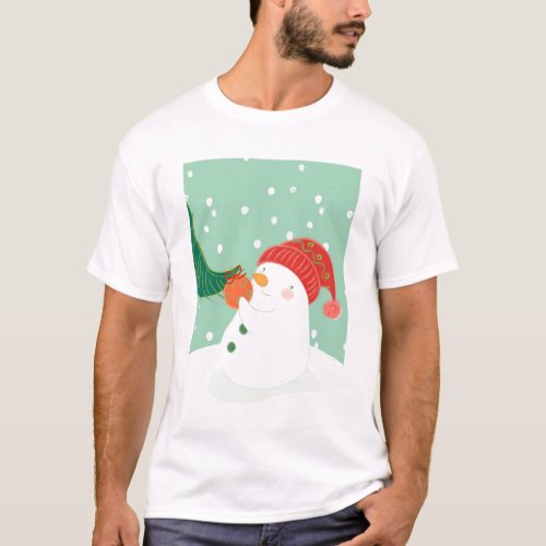 A snowman hanging an ornament on a tree T_Shirt
