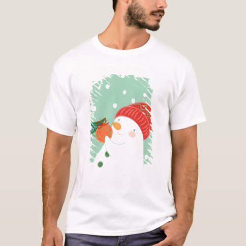 A snowman hanging an ornament on a tree T_Shirt