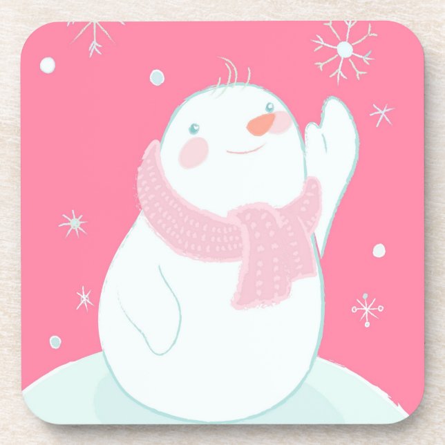 A snowman reaching for a falling snowflake drink coaster (Front)