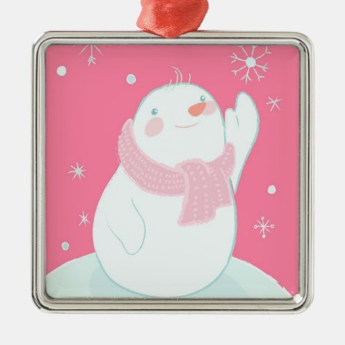 A snowman reaching for a falling snowflake metal ornament