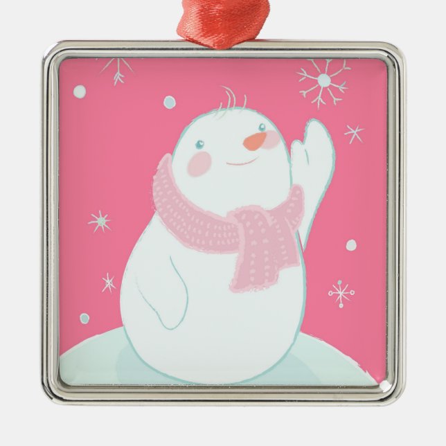 A snowman reaching for a falling snowflake metal ornament (Front)