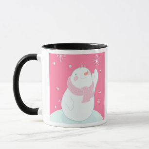 A snowman reaching for a falling snowflake mug
