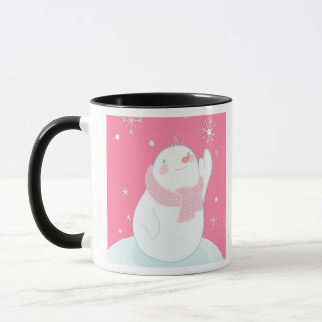 A snowman reaching for a falling snowflake mug (Left)