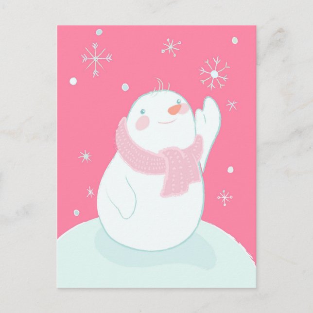 A snowman reaching for a falling snowflake postcard (Front)