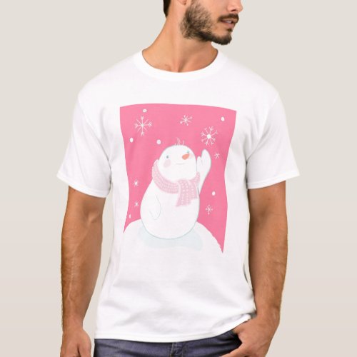 A snowman reaching for a falling snowflake T_Shirt