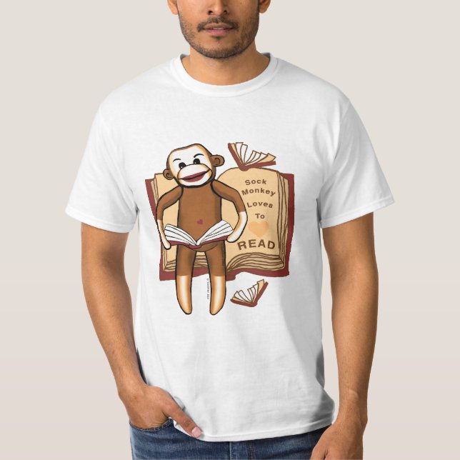 A Sock Monkey Reads  T-Shirt (Front)