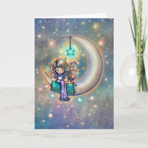A Soft Night Cute Little Girl with Kitty on Moon Card