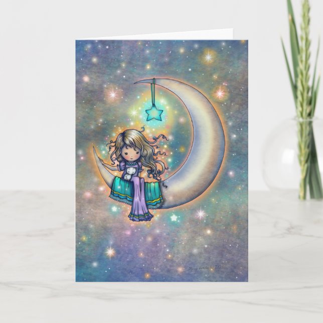 A Soft Night Cute Little Girl with Kitty on Moon Card (Front)