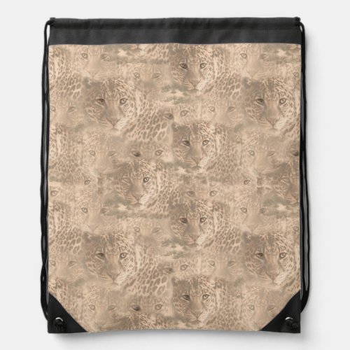 A soft tan color repeat pattern of many leopards  drawstring bag