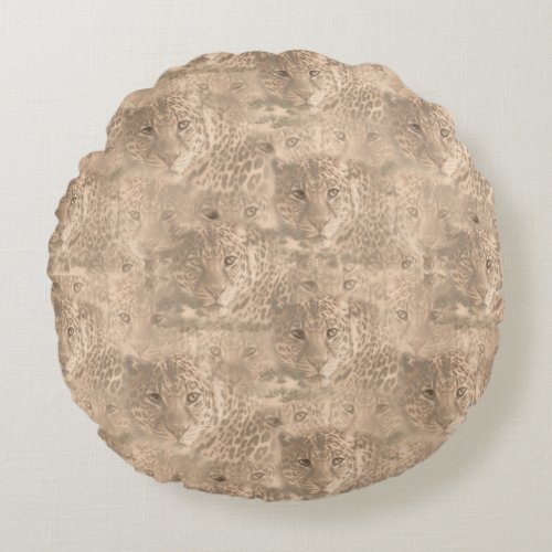 A soft tan color repeat pattern of many leopards  round pillow