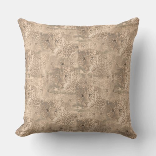 A soft tan color repeat pattern of many leopards  throw pillow