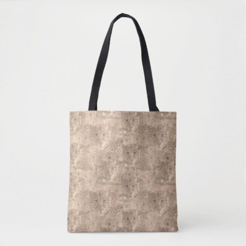 A soft tan color repeat pattern of many leopards  tote bag