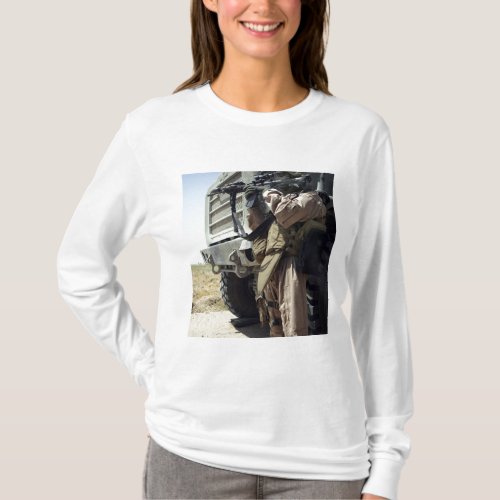 A soldier provides security for Marines T_Shirt